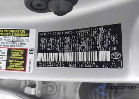 2017 Toyota Corolla Le из США, поврежденный, VIN 2T1BURHE1HC879270